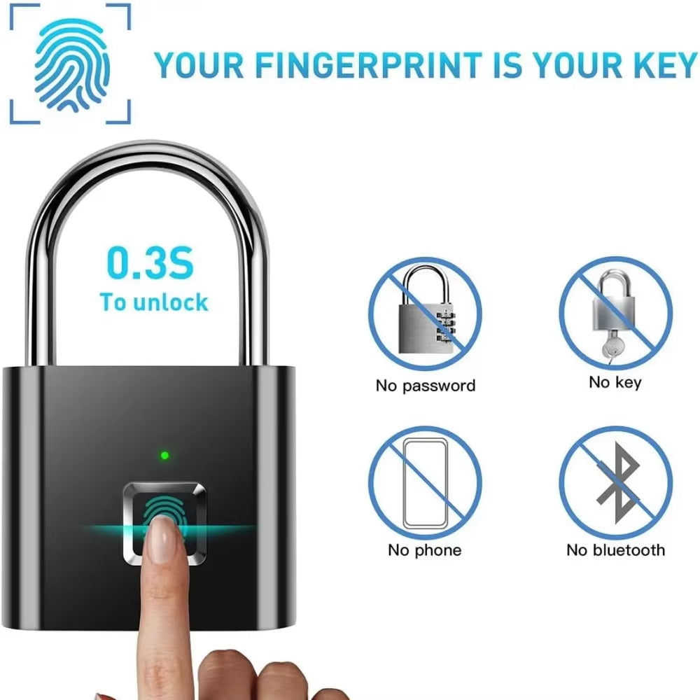 Keyless Smart USB Charging Fingerprint Lock Smart Padlock Waterproof Door Lock 0.3Sec Unlock Portable Anti-Theft Padlock Zinc
